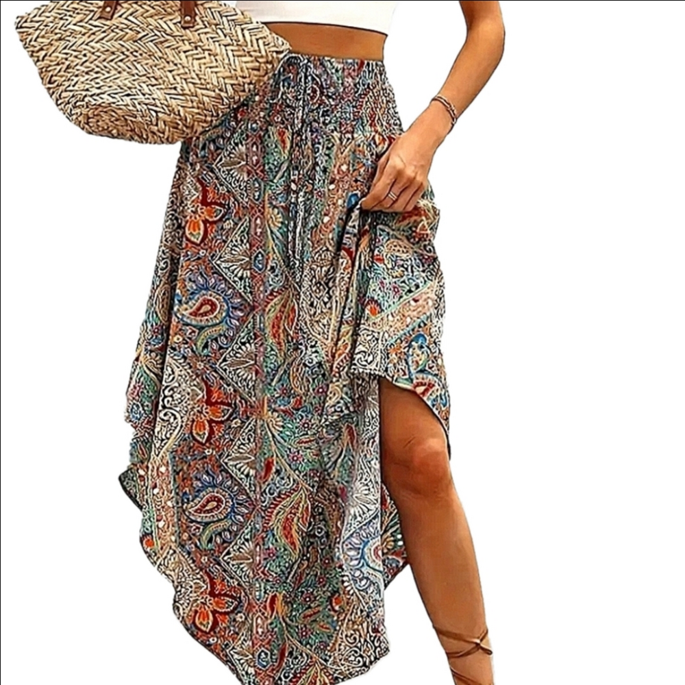 Boho Maxi Skirt Bohemian High Waist long Paisley Skirts Plus Size S M L XL XXL - Picture 9 of 11